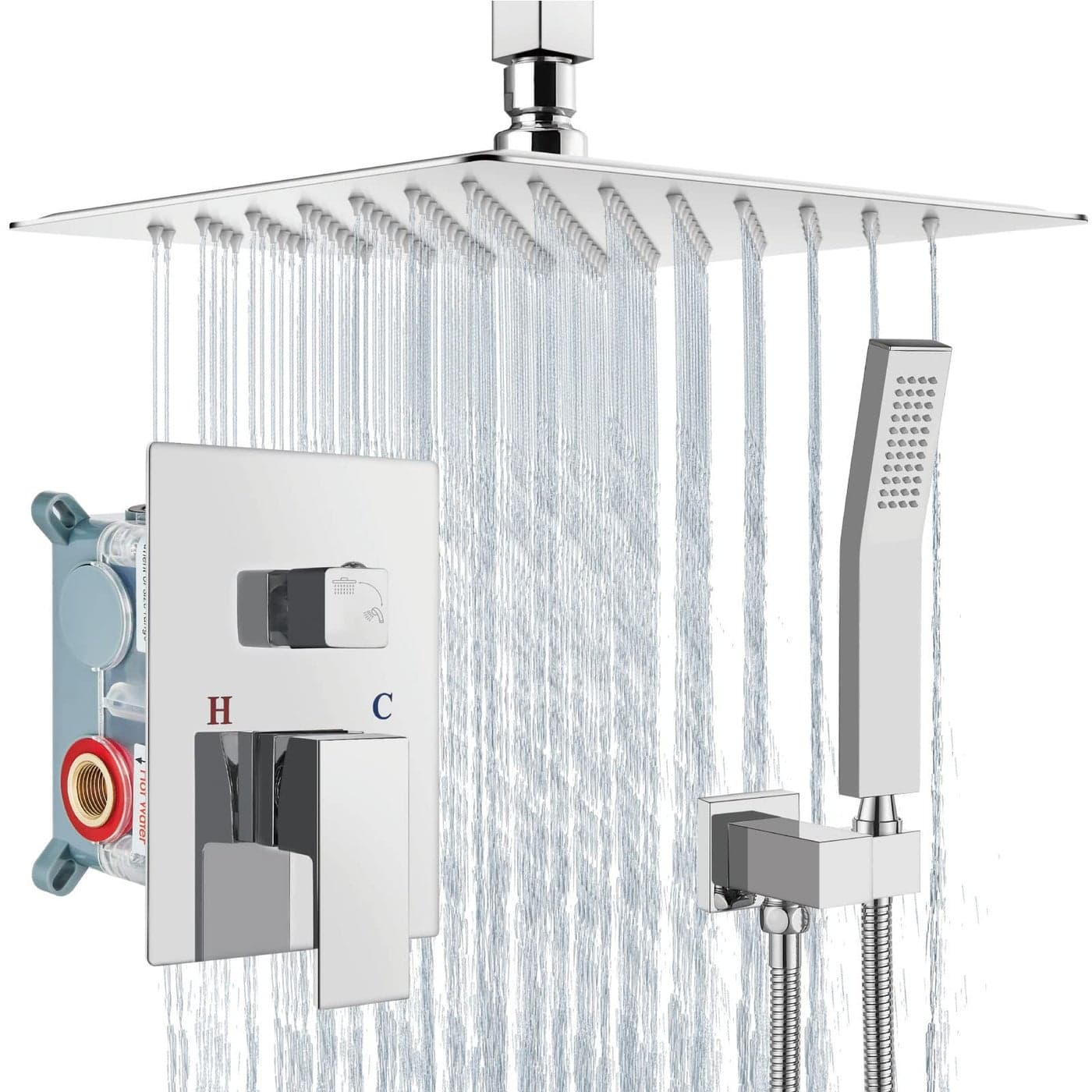 Aolemi Ceiling Mount Shower System Rain Shower Head with Handheld Spray High Pressure Shower Faucet Set Roughin Valve Shower Trim Kit Included Bathroom Polish Chrome 12 Inch Ceiling Shower Head