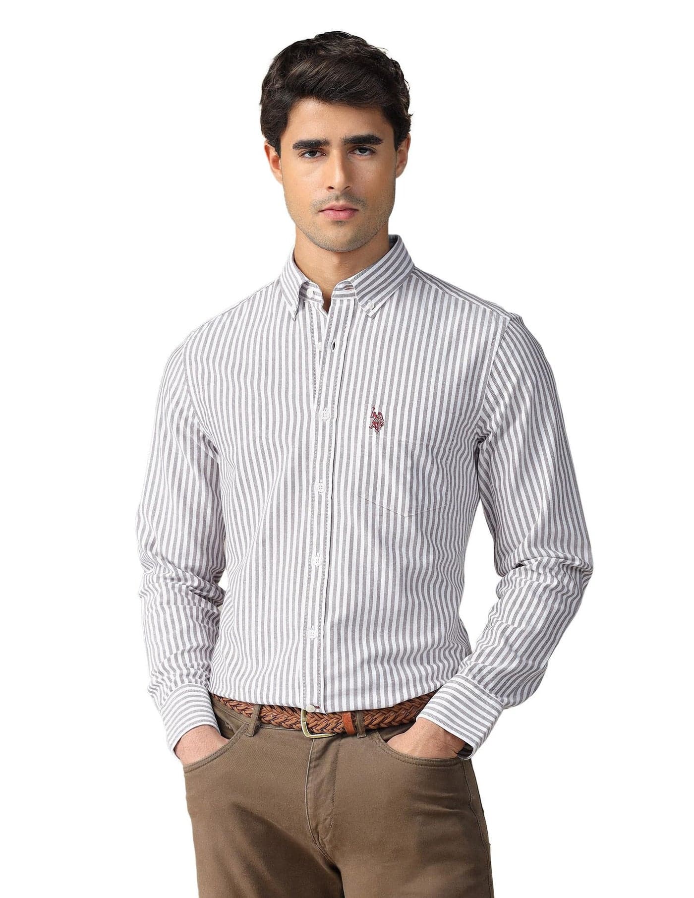 U.S. POLO ASSN. Striped Regular Fit Shirt for Men - 100% Cotton, Breathable & Comfortable, Full Sleeves Casual Shirt for Men Brown