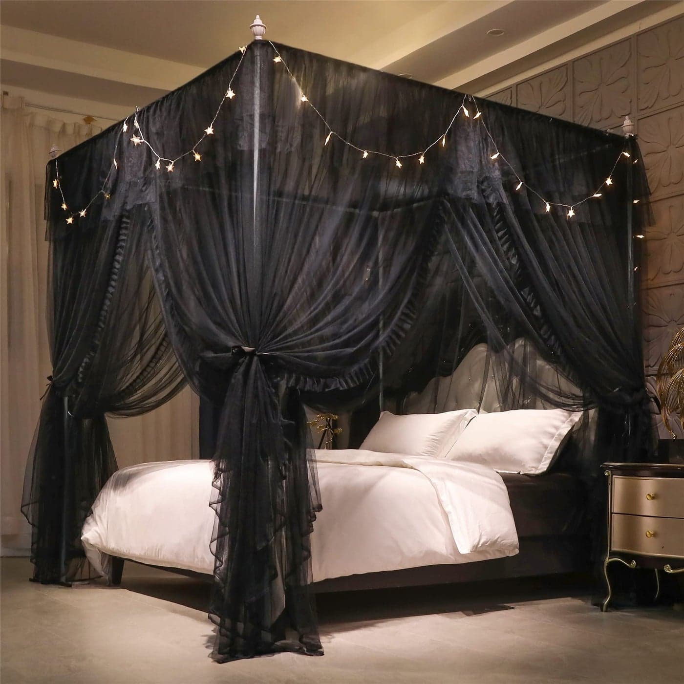 VETHIN 4 Corners Post Ruffle Princess Bed Canopy CurtainDouble Layer Cozy Drape Netting 4 Opening Mosquito Net for Girls Adults Bedroom Decoration DoubleBlack59 W82 L82HQueen