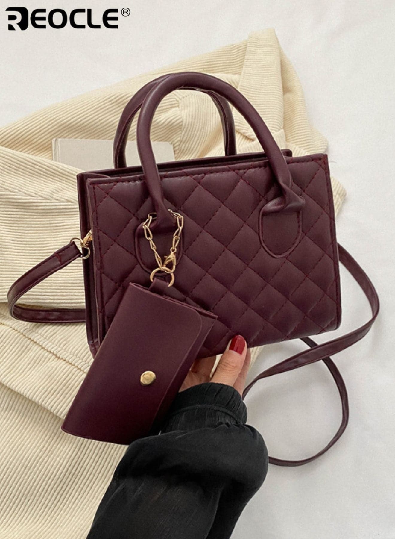 Women's Quilted Faux Leather Tote Bag with Matching Pouch & Dual Carry Options Elegant Casual Handbag Set for Daily Commute Casual Outings & Everyday Use