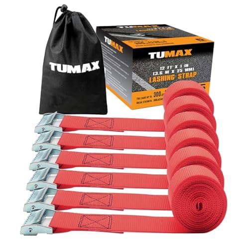 Tumax 6-Pack 1" x 12FT Cam Buckle Tie Down Straps, 900lbs Capacity Lashing Straps for Securing Cargo, Kayak, Canoe, Motorcycle, Bike, Truck and Luggage (Red)