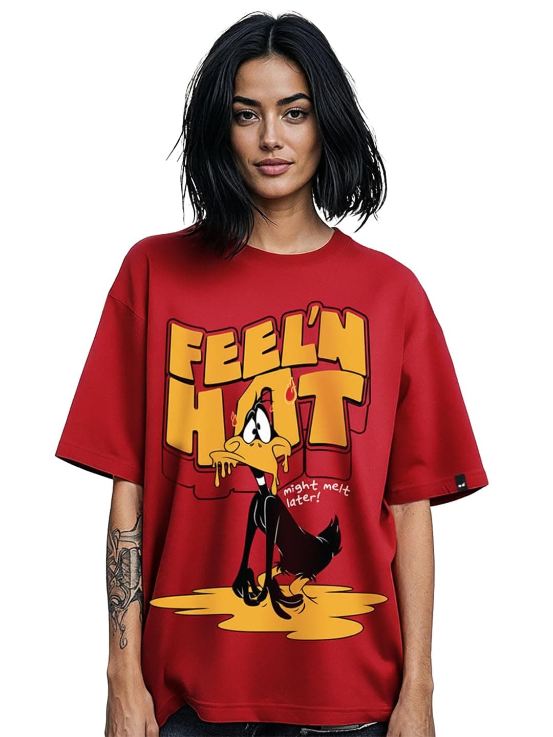 Bewakoof Looney Tunes X Merchandise Women's Feel'n Hot Graphic Print Cotton T-Shirt- Oversized Fit, Round Neck, Half Sleeves 582327_Red_L