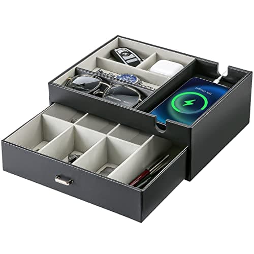 ProCase 2 Layers Valet Tray Gift for Men Nightstand Organizer EDC Dump Catchall Trays with Phone Charging Station Dresser Top Table Beside Entryway Storage Box Black
