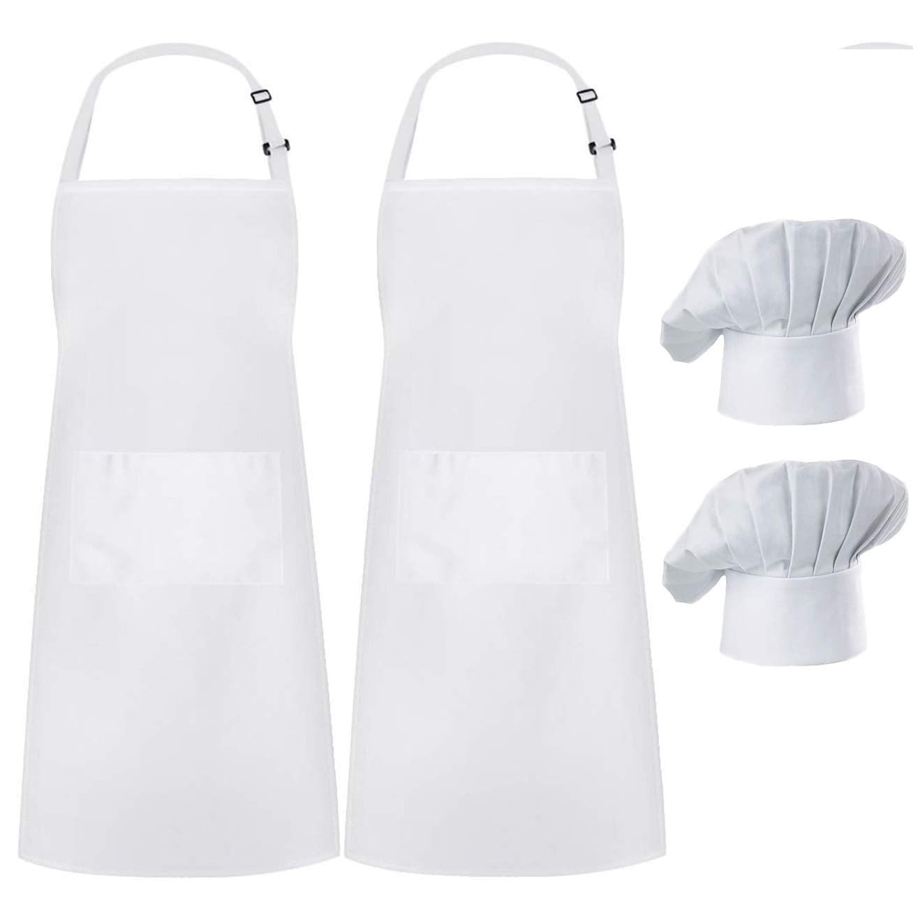 Hyzrz 2 Pack Chef Apron Hat Set Adjustable Bib Cooking Aprons Water Drop Resistant Baker Kitchen Cooking for Women Men Fathers GiftWhite
