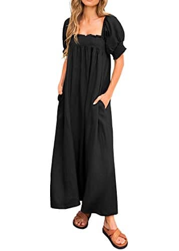 KIRUNDO Women 2025 Summer Maxi Dress Casual Loose Puff Sleeve Square Neck Maternity Flowy Long Beach Dresses with Pockets(Black, Small)