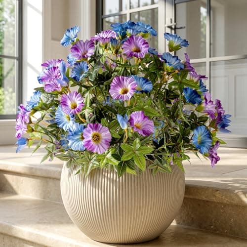 Uqueeten Artificial Plants Outdoor Morning Glory Artificial Flowers Plastic Flowers for DecorationUV Resistant Look Real Fake Flowers Faux Outdoor Plants Front Door Decor Blue Purple 4PCS