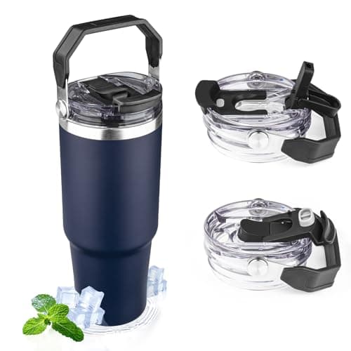 30oz Tumbler with Handle and Flip Straw Lid Double Wall Insulated Travel Coffee Mug Stainless Steel Vacuum Insulated Coffee Tumbler Cup for Hot and Cold Beverages,Leak-proof&BPA-free (30oz,Navy blue)