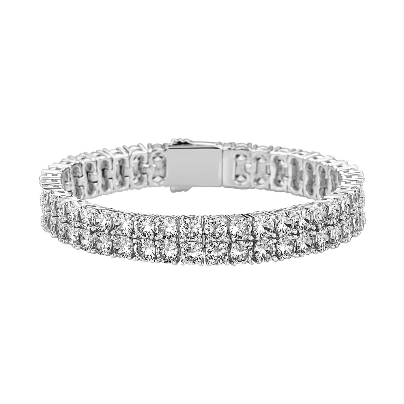 JINAO Hip Hop Silver 2 Rows Cubic Zirconia Tennis Bracelet 14k Gold Plated Iced Out Bling Lab Simulated Diamond Tennis Wrist Chain Jewelry for Men Women (Silver)
