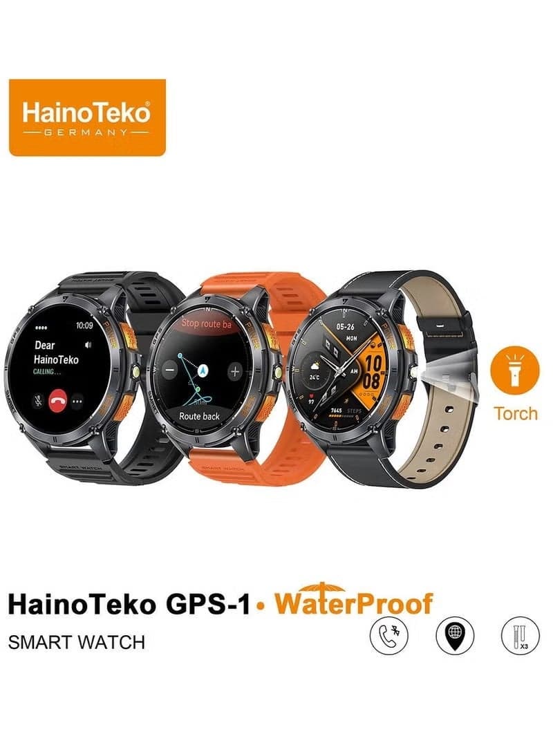 Haino Teko GPS-1 AMOLED GPS Smart Watch for Men, Bluetooth Calling, Built-in GPS Navigation, Waterproof Fitness Tracker, Heart Rate & Sleep Monitor, HD Touchscreen, 3 Interchangeable Straps, Charging Cable Included