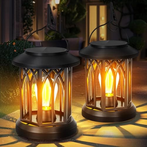 Hanging Solar Lanterns Outdoor Waterproof - 2 Pack Outdoor Lantern Decorative, Hanging Solar Lights for Outside, Outdoor Solar Powered Lantern with Handle & Clip for Patio Yard Decor