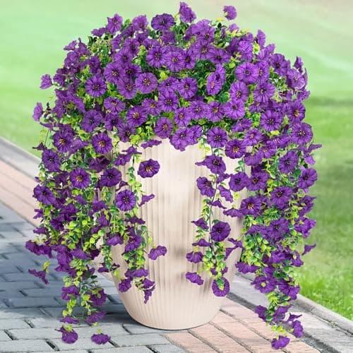 Artificial Hanging Petunias Flowers for Outdoor 2pcs Fake Plants Long Vine Morning Glory Eucalyptus UV Resistant Realistic Faux Greenery Outside Patio Porch Garden Spring Summer Decor Dark Purple