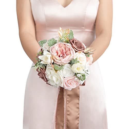 Ling's moment Dusty Rose Artificial Wedding Flower Bouquet for Bridesmaid Pink Floral Bouquet Blush Bridesmaid Bouquets with Ribbon Ceremony Anniversary,7-inch Diameter