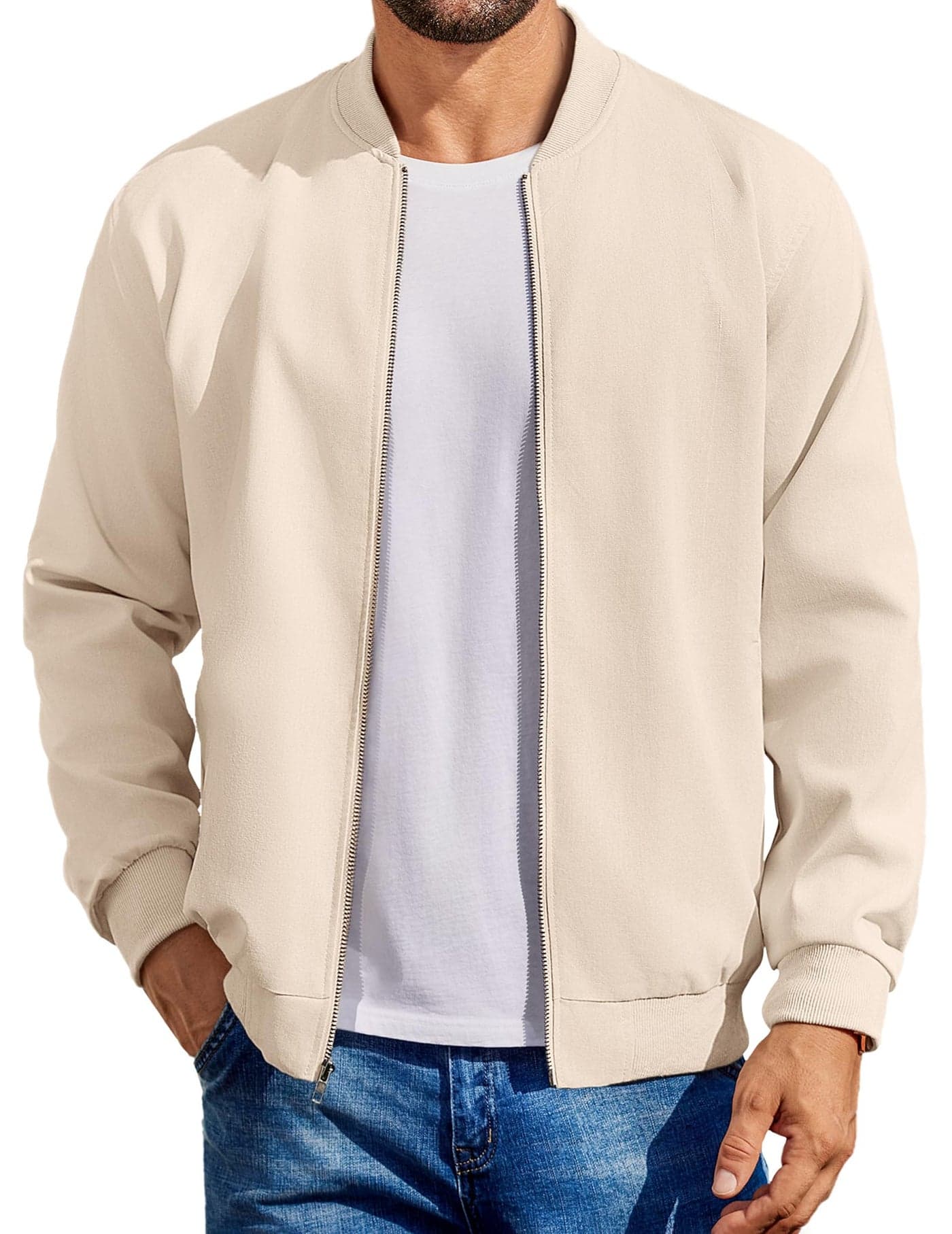 COOFANDY Mens Lightweight Varisty Jackets Casual Flight Bomber Jacket Softshell Coat Beige, Small
