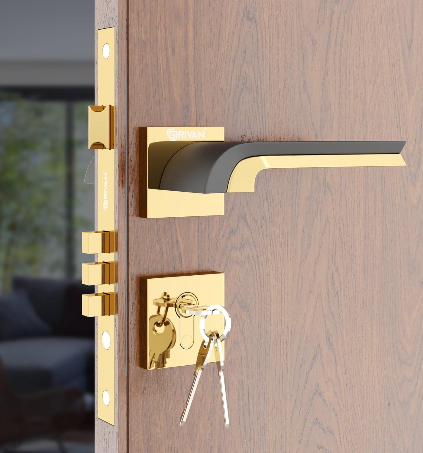 GRIVAN Heavy Duty Brass Mortise Lock for Doors | Bathroom Door Lock, Balcony, Store Room Handle Set | Durable Lock Body & 3 Keys Included Home/Office/Hotel | Gold Black Finish | 2 Years Warranty