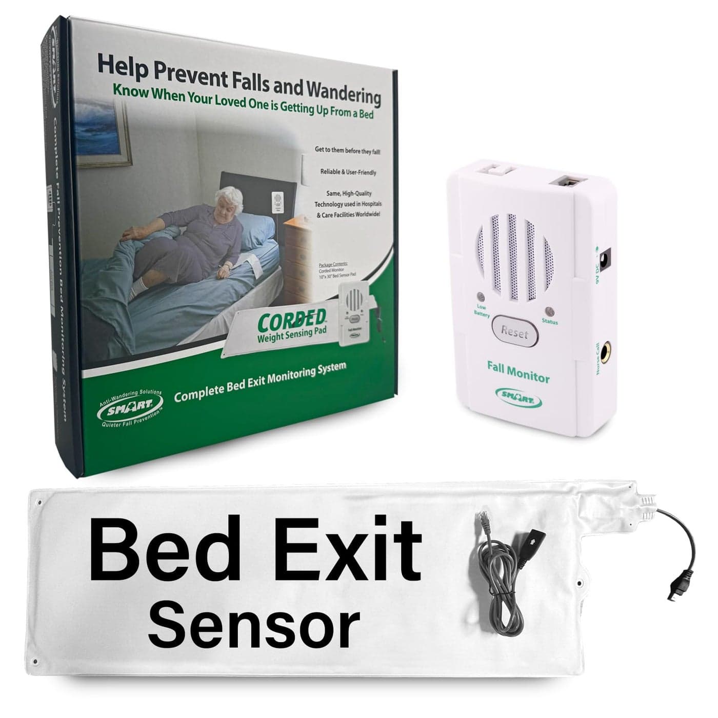 Smart Caregiver FallGuard Bed Exit Alert for Seniors Fall Prevention - Bed Alarm with 10"x30" Weight Sensing Bed Pad for Elderly - Automatically Alerts Caregiver When They Get Up