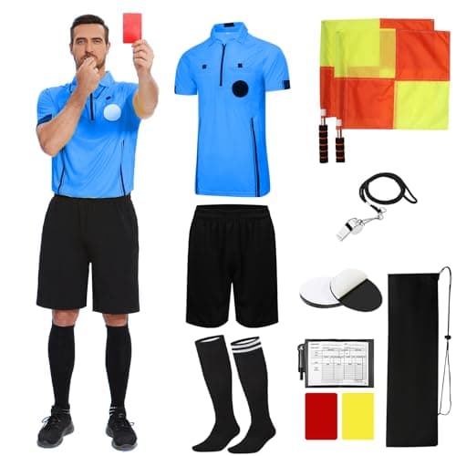 redgino Soccer Referee Kit Pro Soccer Referee Shirt Jersey,Ref Costume Shorts,Coach Whistle,Referee Socks, Linesman Flags and Cards Umpire Uniform Sport Accessory for Adult Teenager Blue M