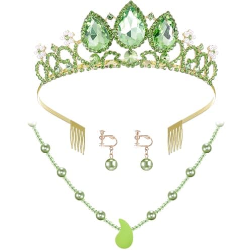 Haysandy 3 Pcs Princess Costume Jewelry Accessory Women Green Dressup Crown Peal Necklace with Peal Earrings for Dressup Tiara Birthday Decorations Princess Girl Women Cosplay Party Accessories
