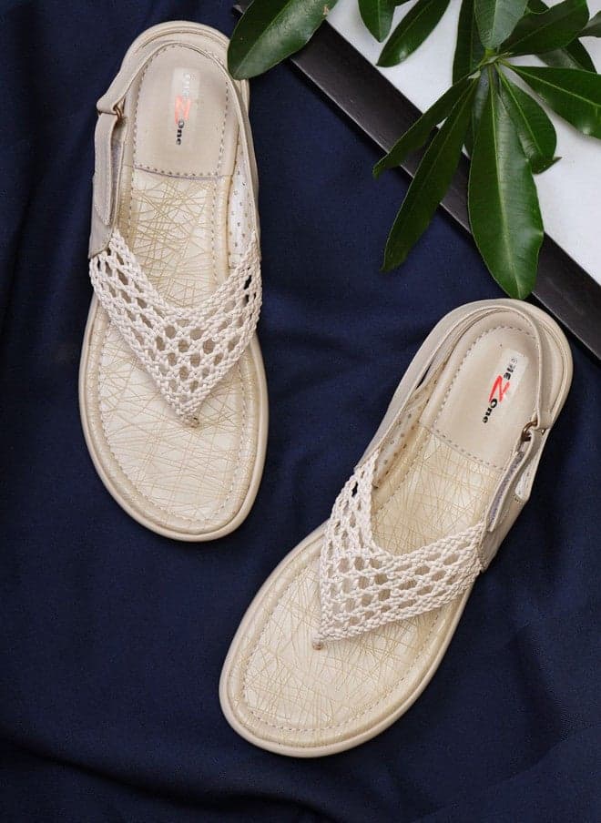 Shezone Cream T-Strap Flats for Women
