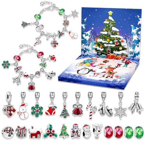 SANNIDHI® Christmas Advent Calendar 2025 for Girls Charms for Jewelry Making Bracelet Making Kit Xmas Countdown Calendar with 22 Charm Beads 2 Bracelets Christmas Gift for Girls Kids - Silvercolor