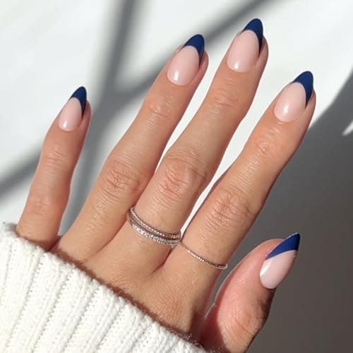 Glamnetic Press On Nails - French Riviera | Semi-Transparent Navy Dark Blue French Tip Short Almond Fake Nails in a Glossy Finish, Salon Quality | 15 Sizes - 30 Nail Kit