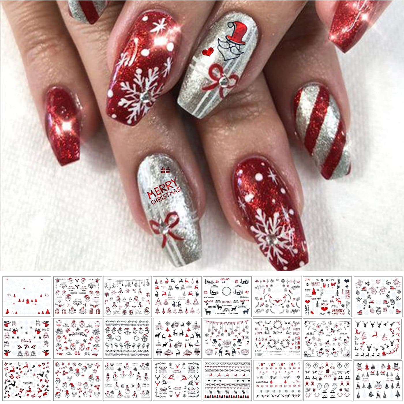 TailaiMei 24 Sheets Christmas Nail Art Stickers Decals 3D SelfAdhesive Glitter Nail Decorations Design for Santa Claus Snowflake Snowman 1128 Pcs