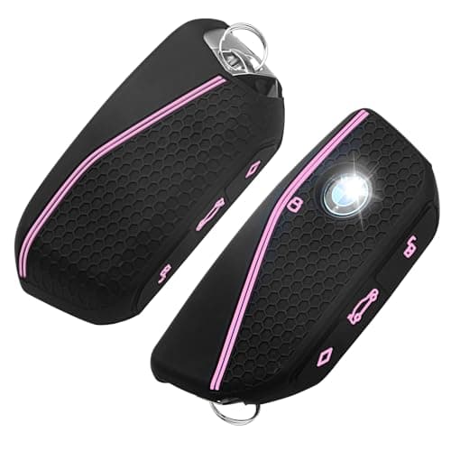 QBUC 2PCS for BMW Key Fob Cover, Soft Silicone Key Case for BMW 2024 2023 2025 7 Series IX I5 M60 X5 X7 X6 IX I7 Car Key Protector with Rings (3 Button,Pink)
