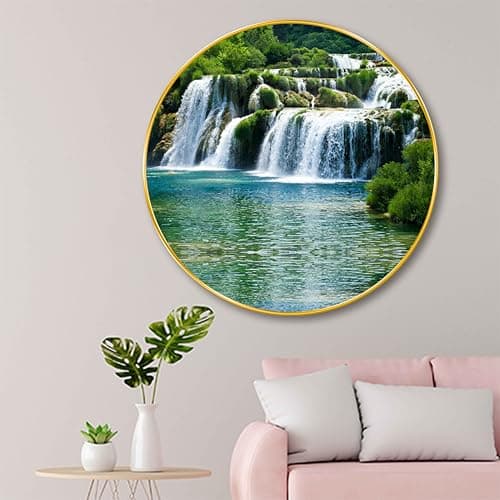 SAF Waterfall Round Wall Painting – Scenic Nature Art with Green Forest & Flowing Water | Peaceful Landscape Artwork for Living Room, Bedroom, Office, Café, Gift Décor (23 X 23 Inch) GR-280