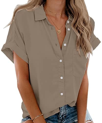 Beautife Womens Short Sleeve Shirts V Neck Collared Button Down Shirt Tops with Pockets (Large, Khaki)