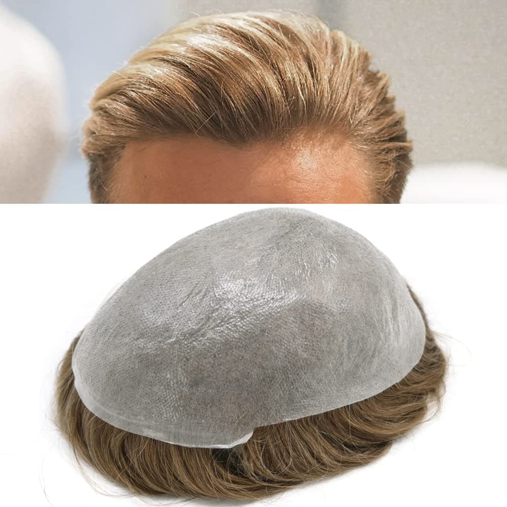 Piece For Men Ultra Thin Skin Vlooped Men Toupee 003mm Poly Human Hair Wig Full Pu Hairpiece System 8X10100 Light to Medium Light 185018 Medium Blonde with 50 Synthetic Grey