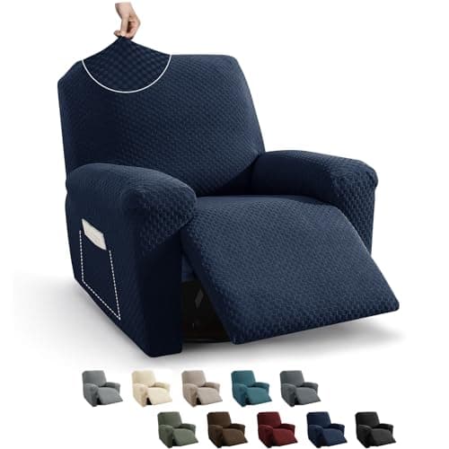 MAXIJIN Recliner Cover Slipcovers for Living Room 4 Pieces Stretch Jacquard Recliner Chair Cover Soft Fitted Recliner Protector with Elastic Bottom for Kids, Pets (Recliner, Navy Blue)