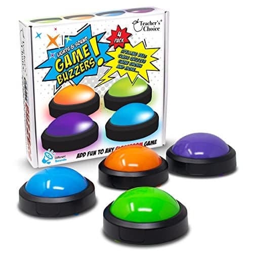 Teachers Choice 4 Pack Light Up Game Buzzers with Unique Loud Sounds for Each Buzzer Great for Trivia Games Family Feud Jeopardy Competition Spelling Bees and More