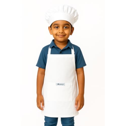 MAKSTILE Kids Apron with Chef Cap With Adjustable Neck Strap |Apron for Kids for Cooking, Baking, Painting & School Activities | Chef Apron for Girls & Boys | 3 to 6 Years | Size-50 x 37 cms (White)