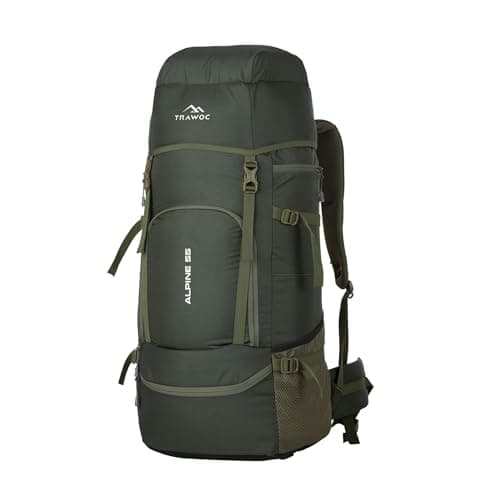 TRAWOC ALPINE 55 Liter Travel Backpack Front & Top Loading Camping Rucksack Hiking Trekking Bag for Men & Women, SHK007 Olive Green, 3 Year Warranty