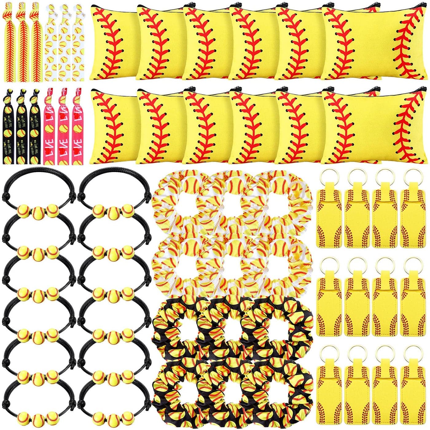 Nuogo 60 Pcs Softball Gifts for Team Girls Softball Party Favors Include Cosmetic Bag Keychains Hair Scrunchies Hair Ties Bracelets for Sport Theme Birthday Party Supplies