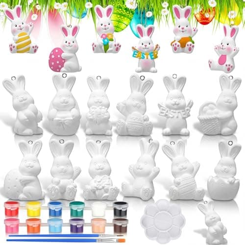 RoundFunny 12 Pcs Easter Ceramic Painting Kit Ready to Paint Your Own Bunny Statues Bulk 3D Hanging Bunny Ornament Kits for Easter Basket Stuffers Party Favors DIY Arts Project Decor