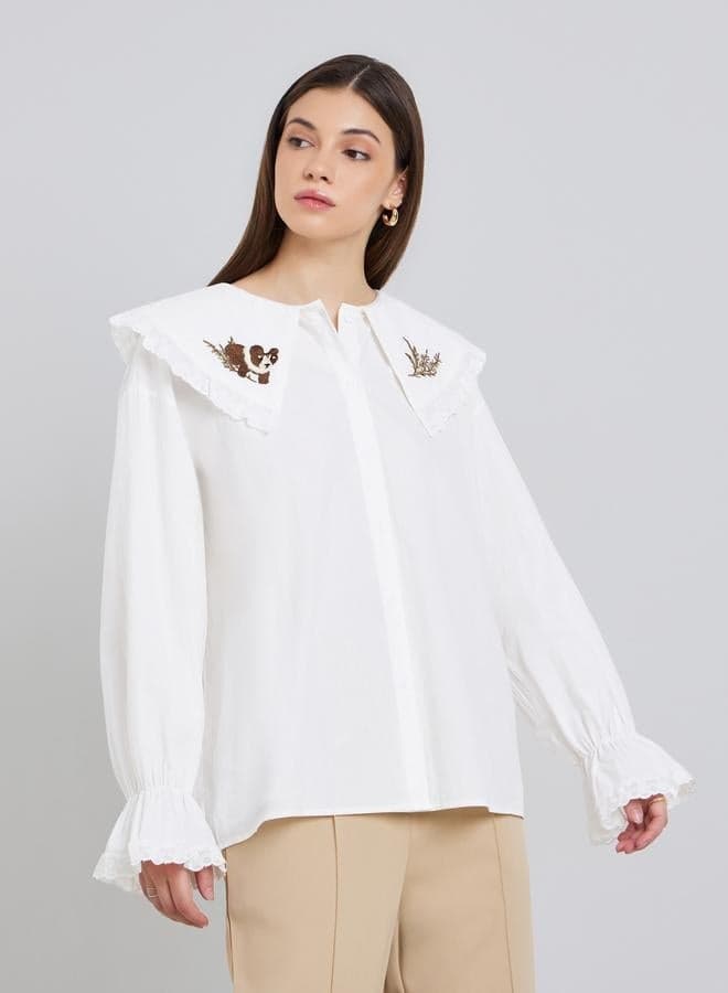 Women White Embroidered Collar Long Sleeve Blouse