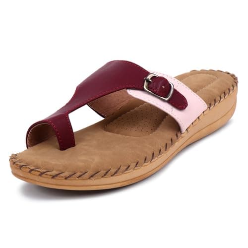 TRASE Extra Soft Slippers for Women | Orthopedic Diabetic Footwear with Cushioned Insole | Lightweight & Comfortable Ladies Chappals with Toe Ring and Adjustable Buckle (BEIGE-MAROON, 3 UK)