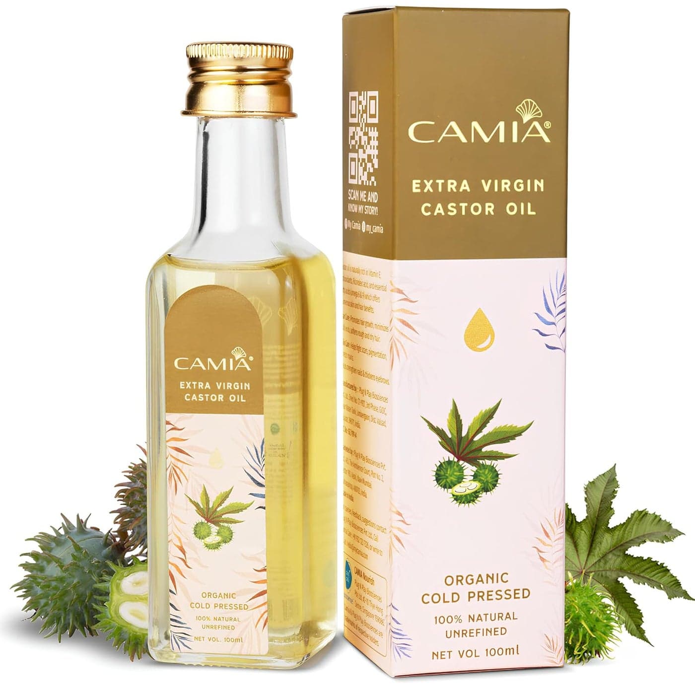CAMIA Premium Cold Pressed Organic Castor Oil For Skin Hair Eyebrows Rich in Vit E free fatty acids Hydrates Nourishes skin Promotes Hair Growth Strengthens strands 100 ML Glass Bottle