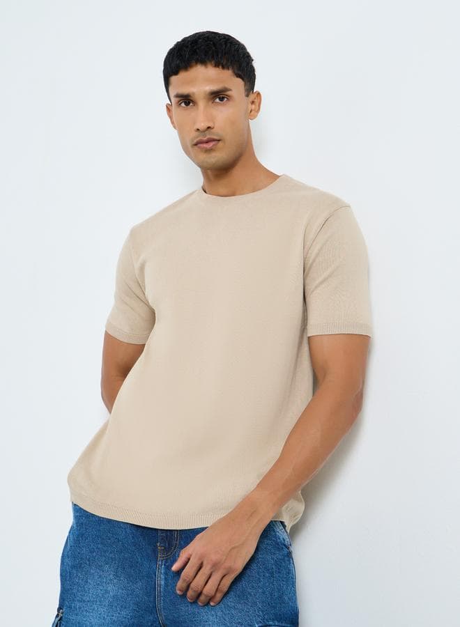 Styli Men Beige Round Neck Flat Knit T-Shirt