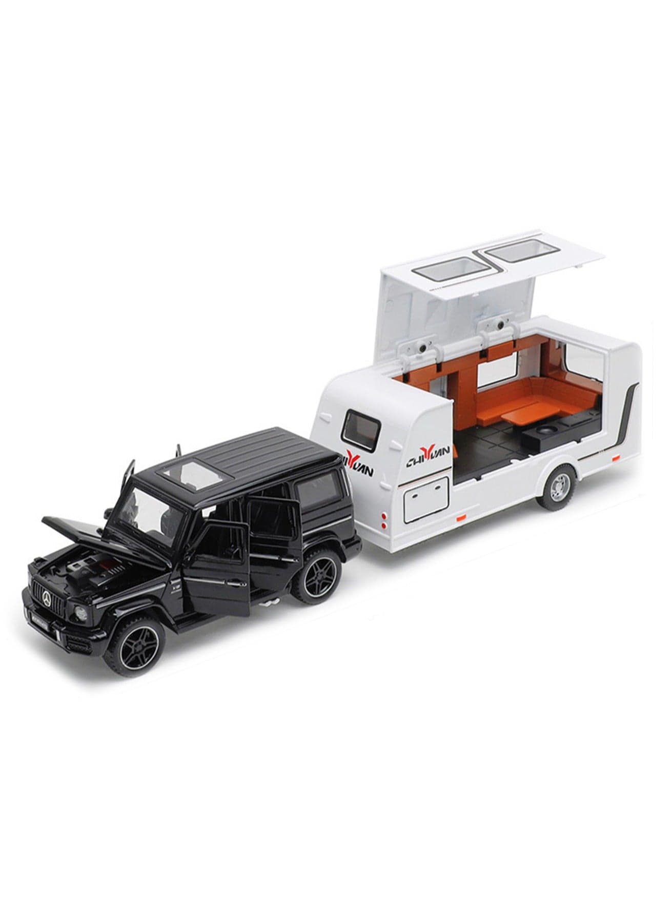 Boxed Vehicle Set Simulation Alloy Car Model With Camper Model(Black Mercedes Benz + RV)