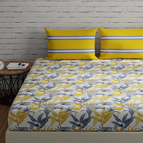 Huesland by Ahmedabad Cotton 144 TC Cotton Bedsheets for King Size Bed with 2 Pillow Covers | 9 ft x 9 ft | Flamingos & Stripes Yellow & Grey