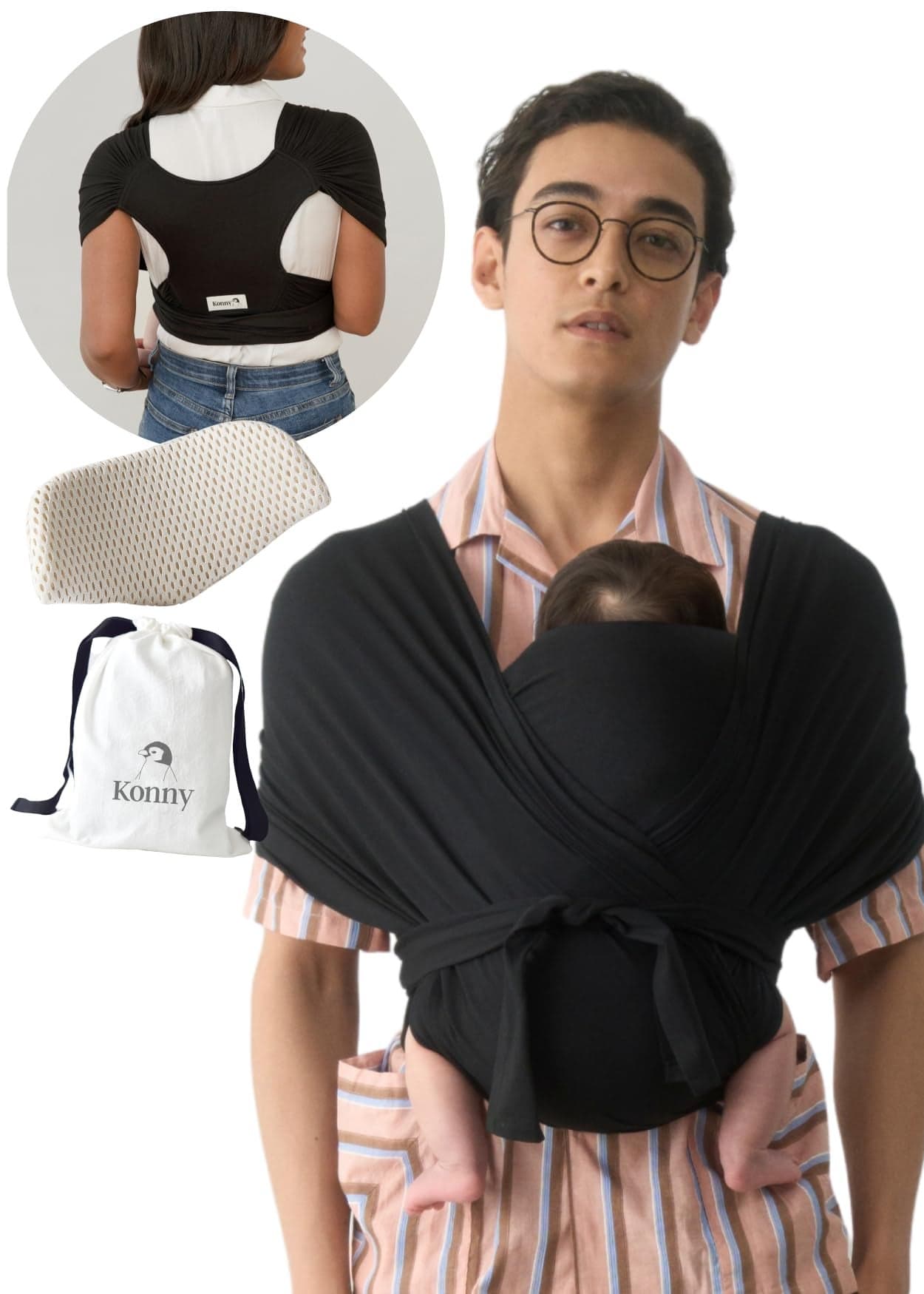 Konny Baby Carrier Flex SoftBreeze with Head Support Adjustable Easy to Wear Baby Wrap Sling Perfect for Newborn Babies Essentials up to 44 lbs XSXL Black