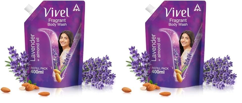 Vivel Fragrant Body Wash Lavender Almond Oil Shower Gel 400 ml Supersaver Refill Pouch Moisturizing Bodywash Soft Smooth Skin Effective Cleansing For Women Men Pack of 2
