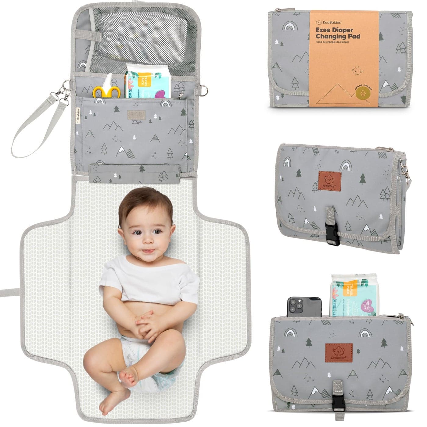 KeaBabies Portable Diaper Changing Pad Large Waterproof Baby Changing Mat Compact Travel Diaper Clutch Functional Pockets Fit Newborn Essentials Wipeable Padded Baby Changer Woodland