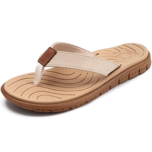 KuaiLu Womens Casual Flip Flops Comfortable Yoga Mat Arch Support Memory Foam Comfort Cushion Summer Beach Pool Slip on Walking Thong Sandals Ladies Orthotic Recovery Plantar Fasciitis Beige Size 9