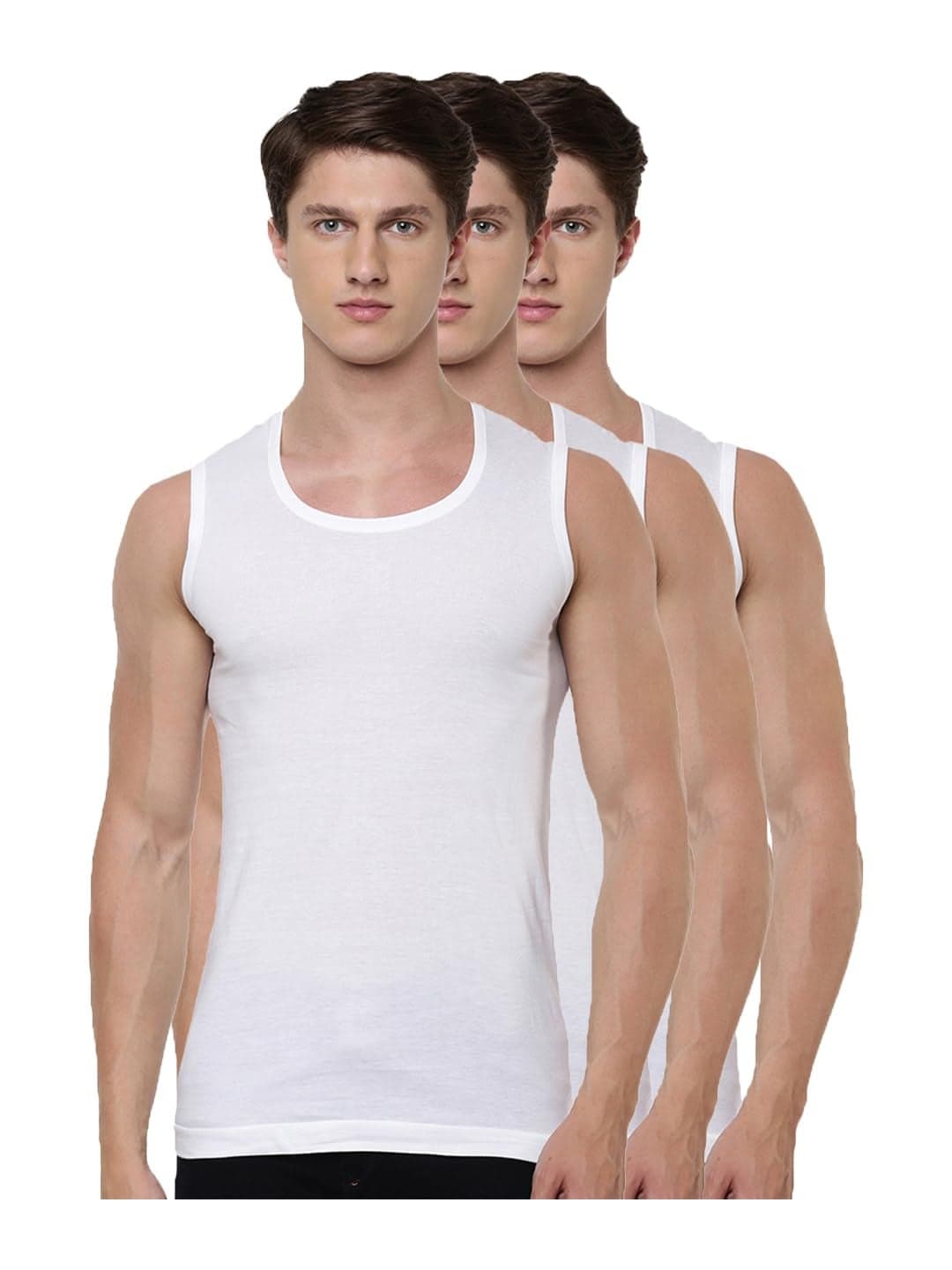 RAMRAJ COTTON Pack of 3 Men's White Round Neck Sleeveless Cotton Undershirt Vest(White_7;80)