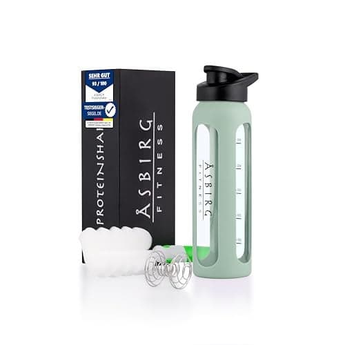 Asbirg Fitness | 24 oz Glass Protein Shaker Bottle – BPA-Free, Leakproof Lid, Stainless Steel Mixing Ball & Silicone Sleeve – Gym Shaker for Smoothies, Shakes & Pre-Workout – Pastel Green