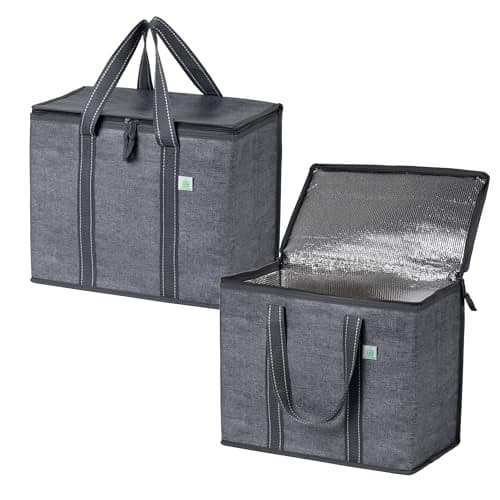 VENO 2 Pack Cooler Bag and Insulated Grocery Bags for Food Delivery Collapsible Cooler Reusable Shopping Bags for Groceries with Hard Bottom Zippered Top Foldable HeavyDuty Gray 2 Pack