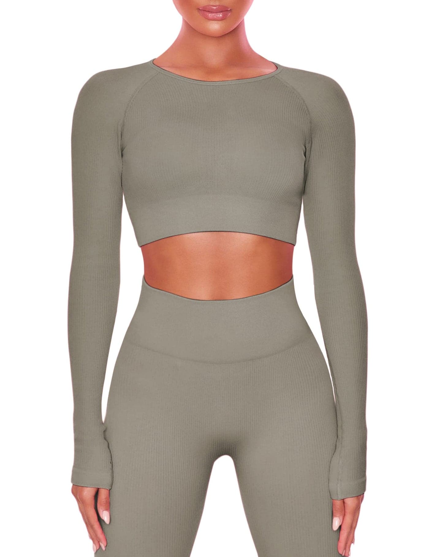 Buttergene Women Workout Sets 2 Pieces Long Sleeve Yoga Outfits Gym Clothes Seamless Ribbed Crop Top High Waist Leggings