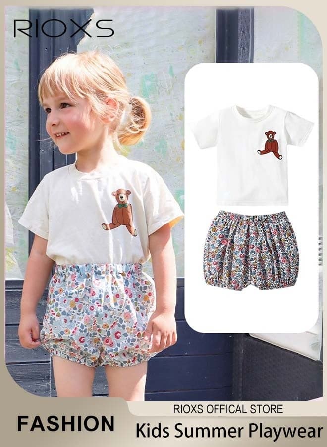 2 Pcs Toddler Girls T-shirt and Shorts Set, Adorable Summer Outfits for Baby Girls, Comfy Breathable Cotton Short Sleeve Top and Elastic Waist Flower Print Shorts, Casual Girls Summer Clothes Set Suitable for Vacation, Travel, Beach, Running and Daily Wear